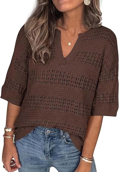 Womens Crochet Tops Casual Cotton Hollow Out Knit Short Sleeve Oversized Sweater for Women Summer Beach Cover Up