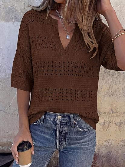 Womens Crochet Tops Casual Cotton Hollow Out Knit Short Sleeve Oversized Sweater for Women Summer Beach Cover Up